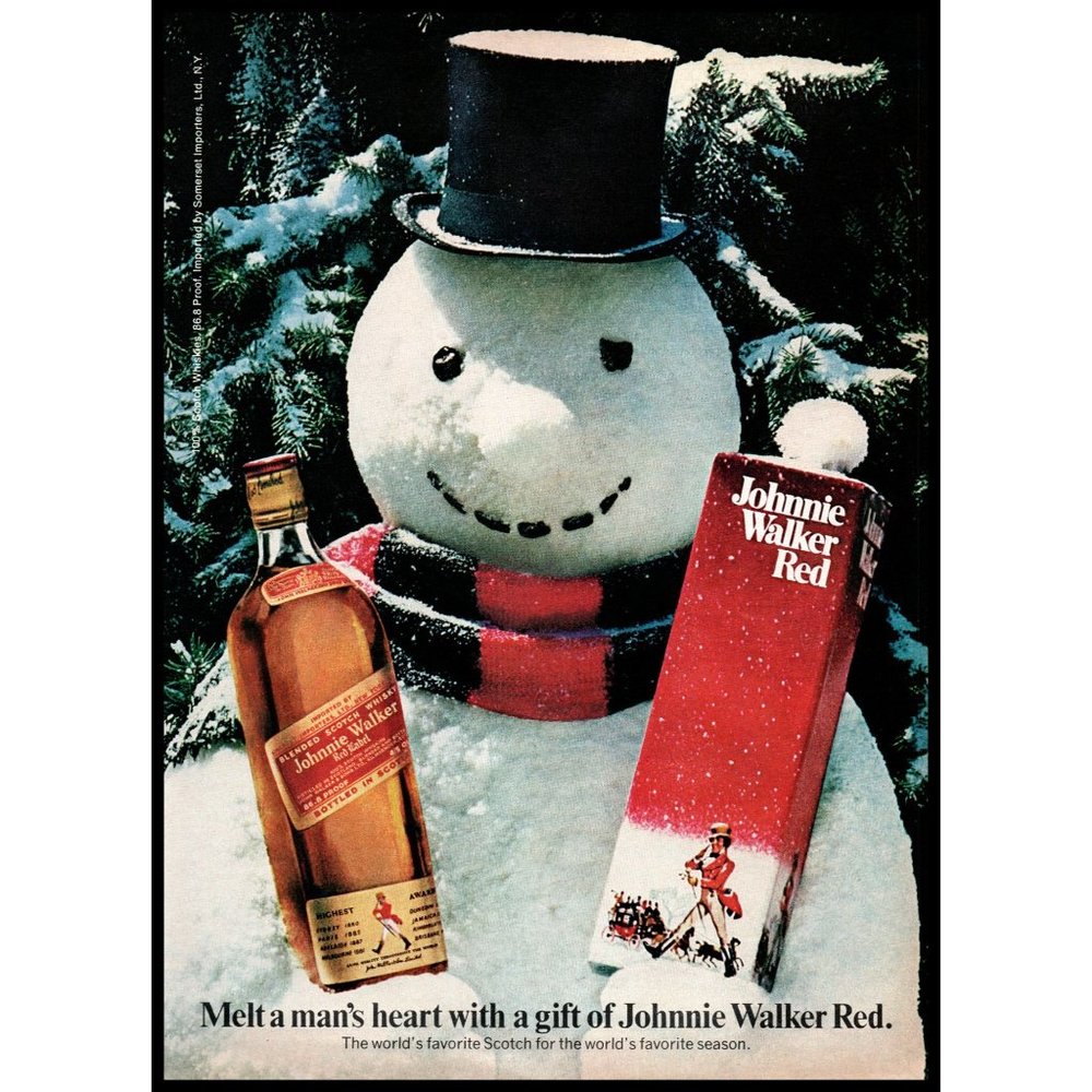 1974 Johnnie Walker Red Label Scotch Vintage Print Ad Snowman Winter Snow Decor
